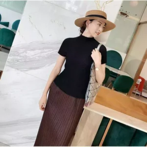 Pleated Stand Collar Short Sleeve Top Free Size 40kg-60kg