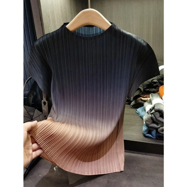 sg-11134201-7rbk0-lkwk5muaf9wwab.webp Miyake Gradient Pleated Short Sleeve Top Free Size 40kg-65kg