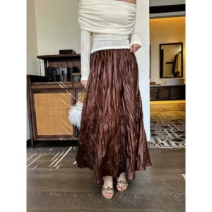 Pleated High Waist Leather Skirt Free Size 40kg-65kg