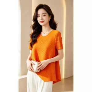 Pleated Round Neck Irregular Top Free Size 40kg-65kg