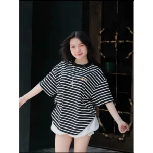 Striped Embroidered T Shirt M4A Free Size 40kg-65kg
